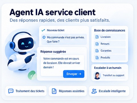 Agent IA service client : traitement des tickets, réponses assistées et escalade intelligente